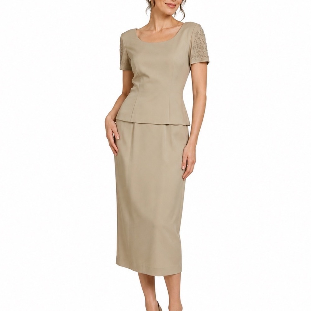 Vintage 80's Donna Morgan Midi Dress Peplum Beaded‎ Shoulder Cream Tan Size 6